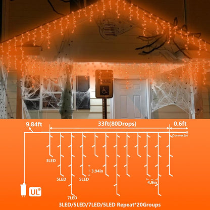 YEGUO 33ft 400 LED Orange Halloween Lights, Connetable Icicle Light Outdoor Waterproof, 8 Modes Christmas Lights Indoor Plug in for Thanksgiving House Patio Fall