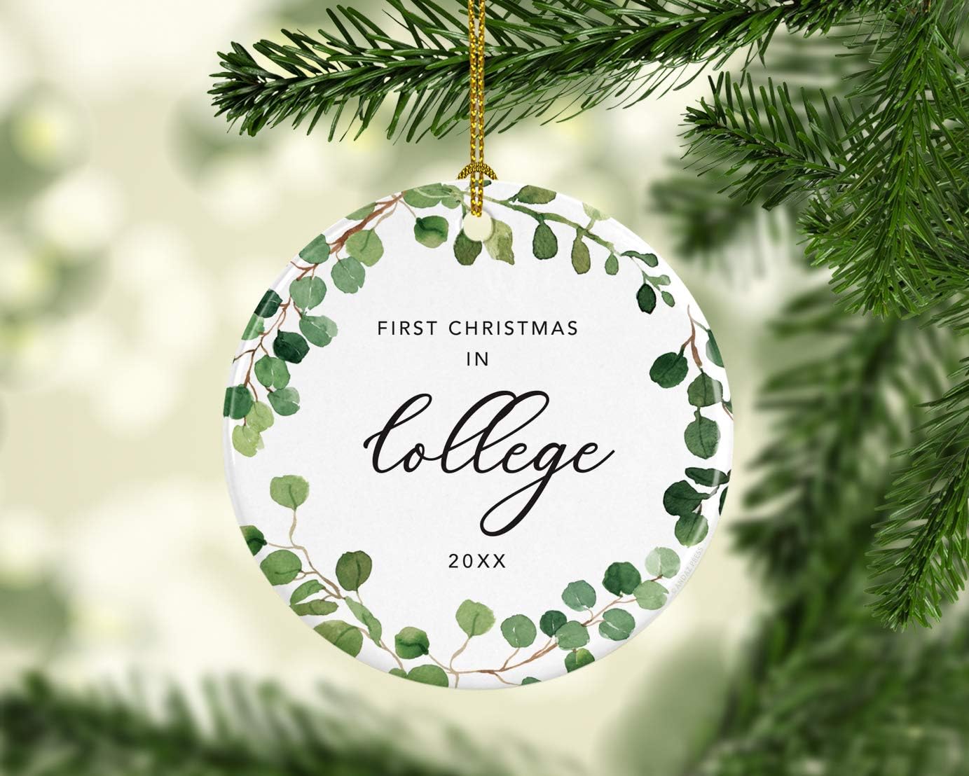 Andaz Press Custom Year Round Ceramic Porcelain Christmas Tree Ornament Keepsake Collectible Gift, First Christmas in College 2025, Farmhouse Eucalyptus Wreath, 1-PackGraduation Gift Ideas