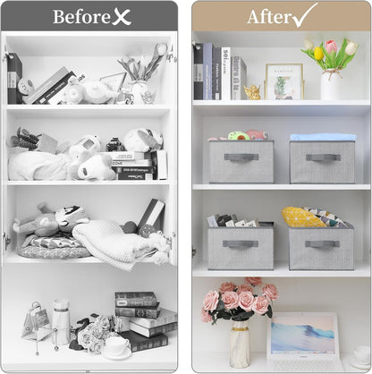 Storage Baskets, 11-Inch Woven Fabric Bins, Storage Cubes with Reinforced Handles, Organizer Bins for Closet Shelves, Foldable, for Toys, Clothes, Natural Beige (4PCS/Grey-11*11*7.8inch)