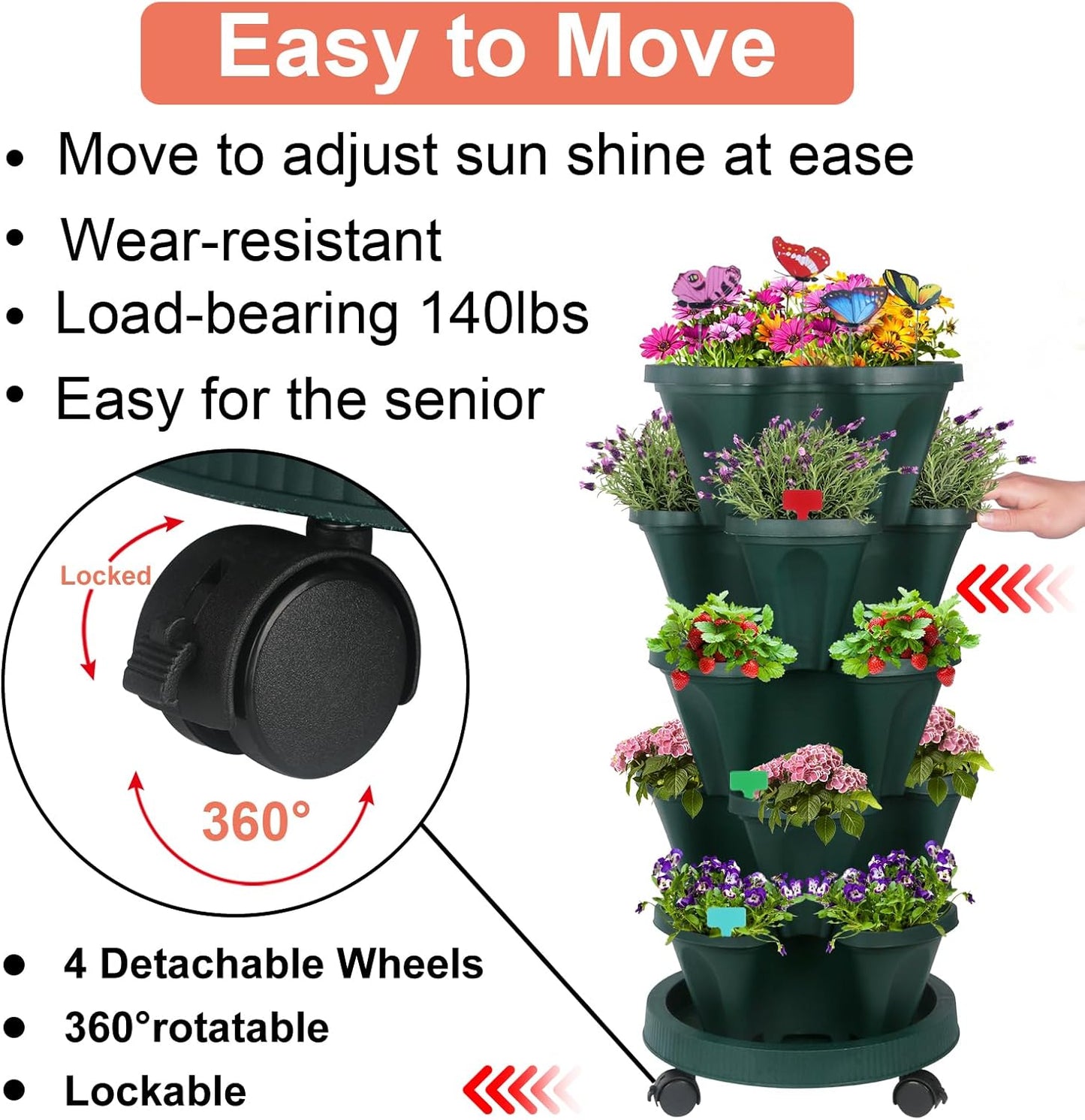 Vertical Planter, 5 Tier Stackable Strawberry Planter with Garden Tool Set, Movable Indoor/Outdoor Garden Herb Pot for Growing Vegetables and Succulents, Green