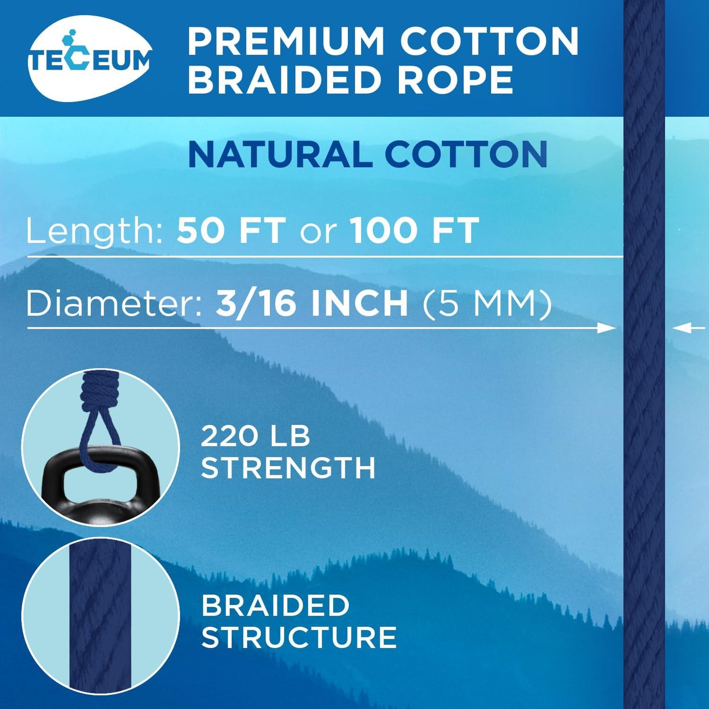 TECEUM Cotton Rope 3/16” (5 mm) – 100 FT – Strong All-Purpose Braided Rope – Natural Cotton – for Crafting, Сamping, Clothes Line, DIY, Indoor & Outdoor Use – Navy Blue