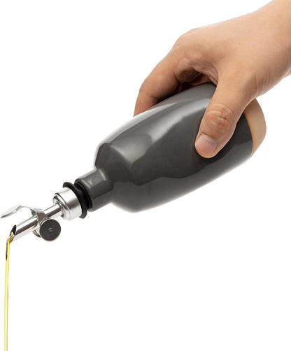 Olive Oil Dispenser Bottle Stoneware Ceramic, Cruet Protects to Reduce Oxidation, Suitable For Storage Of Oil, Vinegar, Coffee Syrups & Other Liquids - Stainless Steel Spout 14Oz