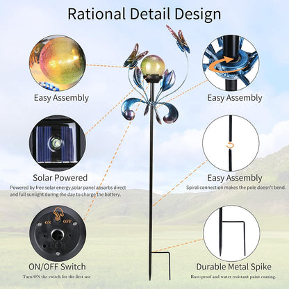 VCUTEKA Solar Lights Outdoor Metal Garden Stake Waterproof Crackle Glass Globe Garden Decor Butterfly for Pathway, Lawn, Patio, Yard