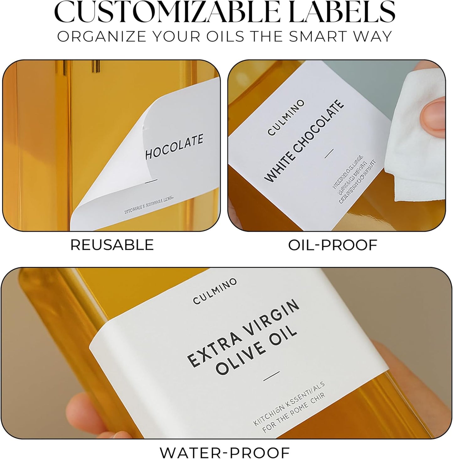 Premium Glass Olive Oil Dispenser Bottle 350ml | Cooking Oil and Vinegar Dispenser | Oil Dispenser for Kitchen with Gold Pourers, Funnel, Brush & 36 Labels (4 Pack)