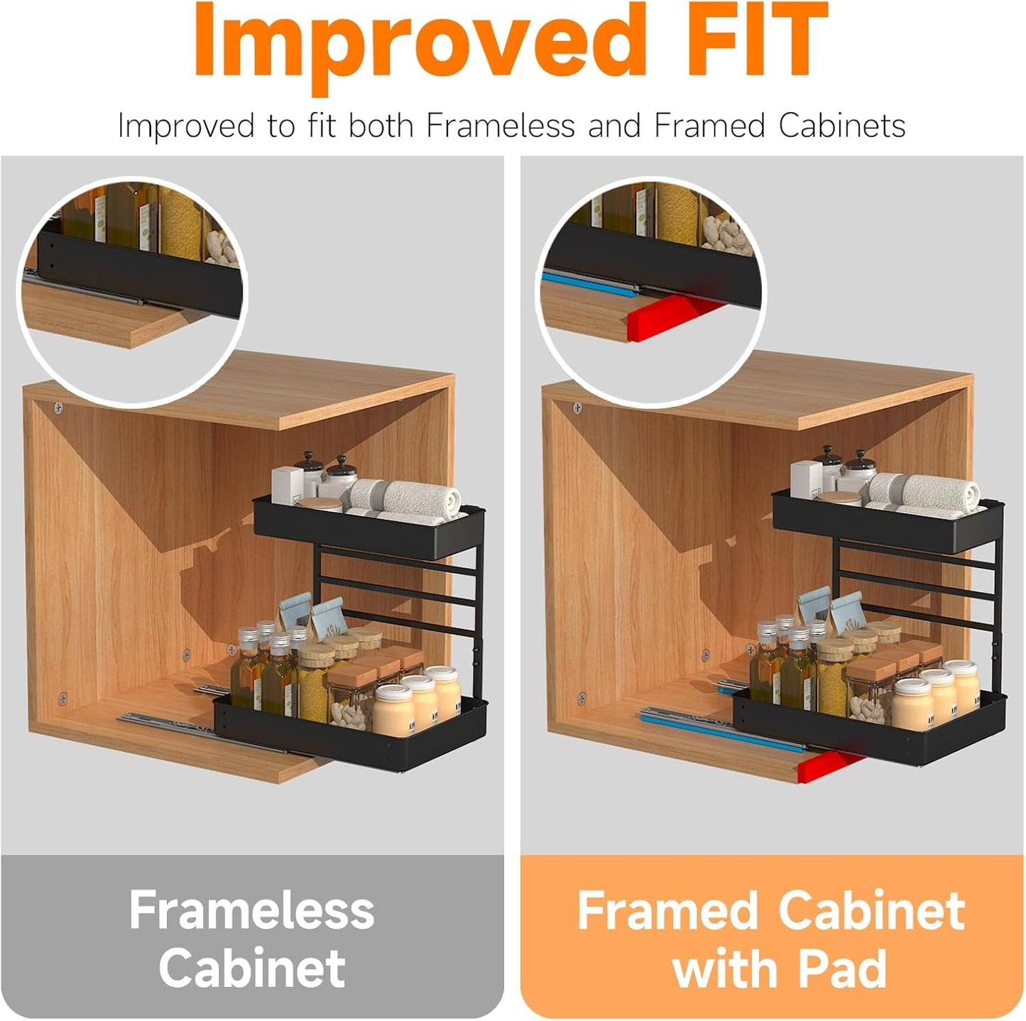 EVERIE Height Adjustable 2 Tier Metal Pull Out Slide Shelf Organizer for Under Sink Cabinets in Kitchen, Bathroom, with Snap-on Top Tray, 16" Deep (Black, 2 Sets)