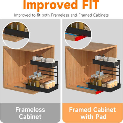 EVERIE Height Adjustable 2 Tier Metal Pull Out Slide Shelf Organizer for Under Sink Cabinets in Kitchen, Bathroom, with Snap-on Top Tray, 16" Deep (Black, 2 Sets)