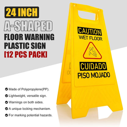 12-Pack Bilingual Caution Wet Floor Signs, A-Frame Double-Sided Warning Signs for Indoor & Outdoor Commercial Use, Foldable & Sturdy for Kitchen, Pool, Hotel and Workplace Safety