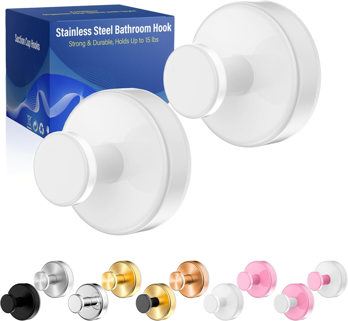 Suction Cup Hooks for Shower,Removable No Drill Towel Hooks,Upgraded 15 lbs Strong Suction hooks for Bathroom Tile,Shower Wall,Glass Door,Kitchen-Loofah,Coat,Stainless Waterproof-White 2 Pcs