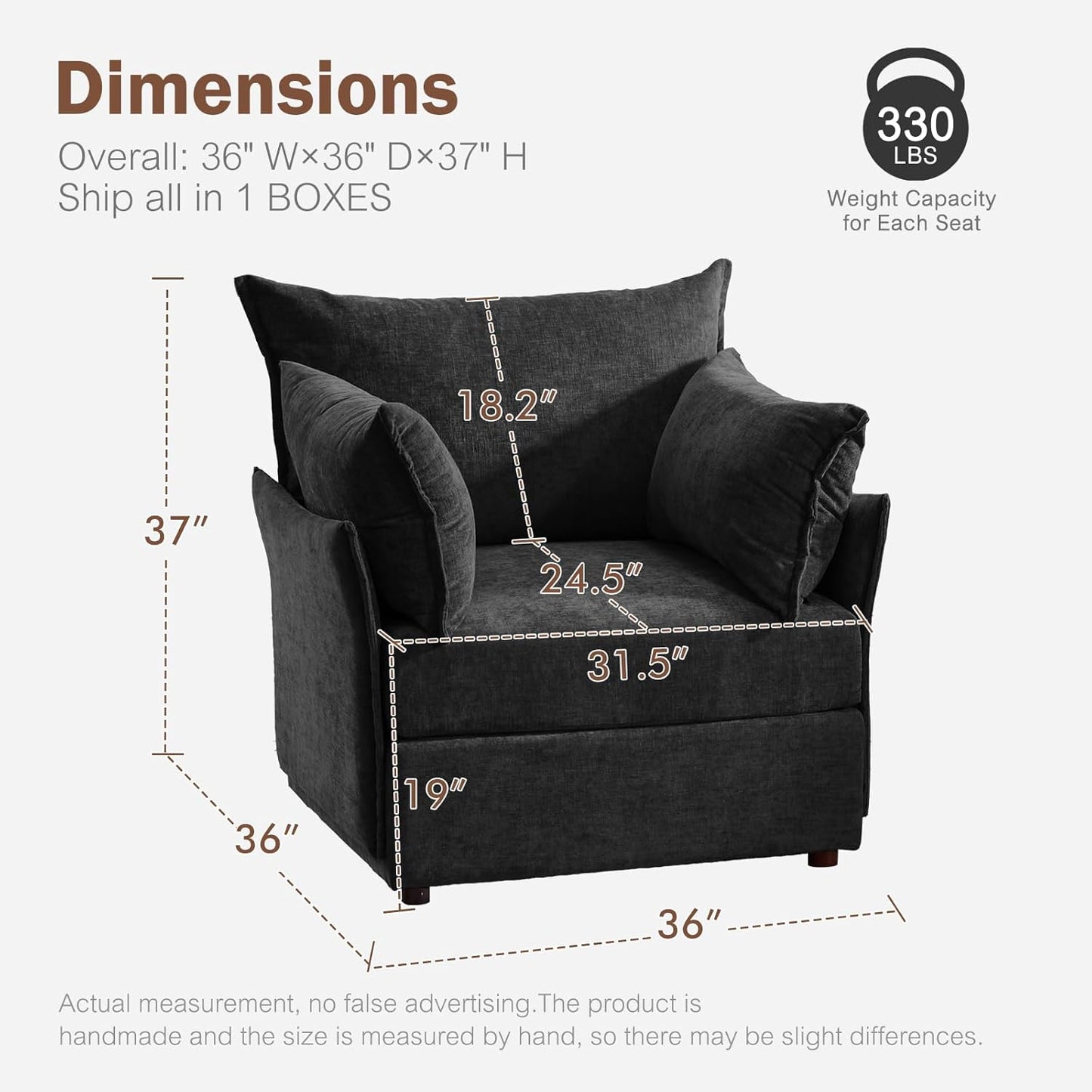 Oversized Accent Chair, Upholstered Modern Sofa Chair with Removable Backrest & Detachable Cover, 24.5" Deep Seat Large Reading Armchair for Living Room Bedroom Office - Chenille Black Set of 2