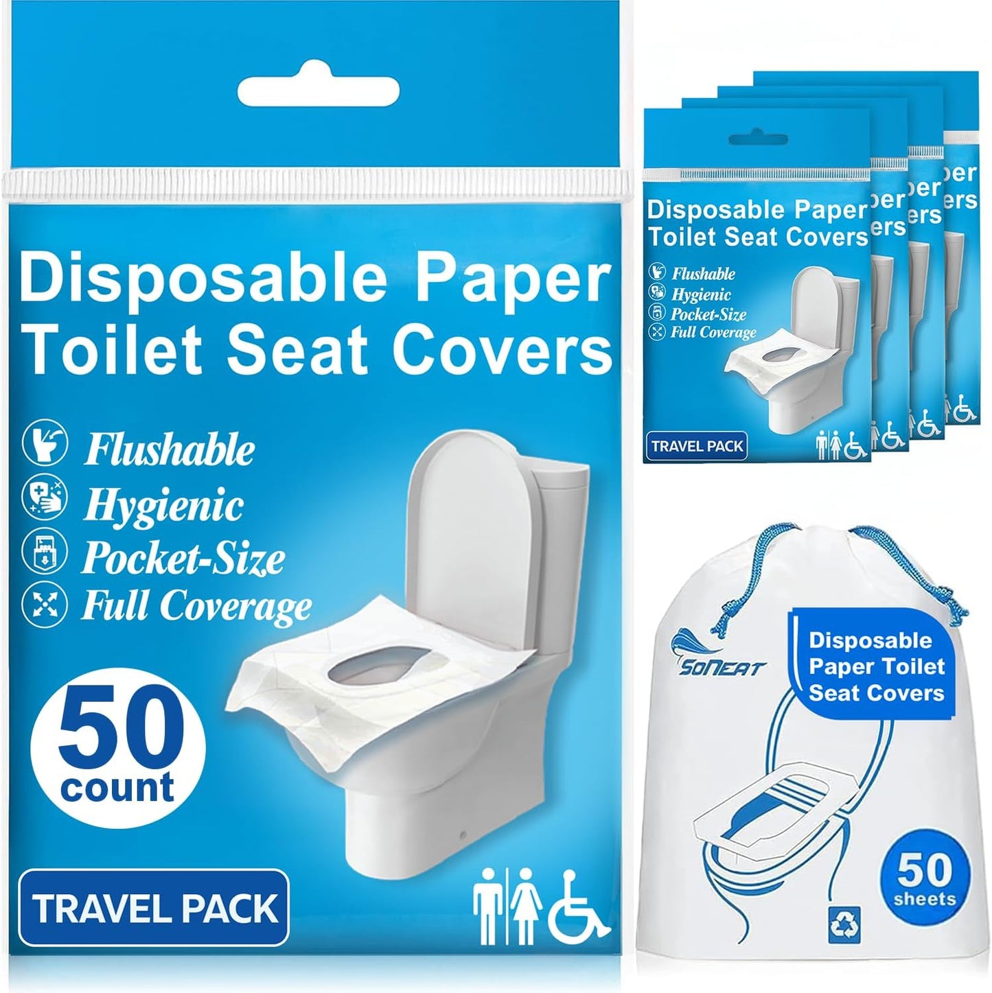 Disposable Toilet Seat Covers Flushable XL 50 Pack – Adults & Kids Potty Training Travel Toilet Seat Cover – 100% Biodegradable Public Restroom Protection for Airplane, Camping, Festivals