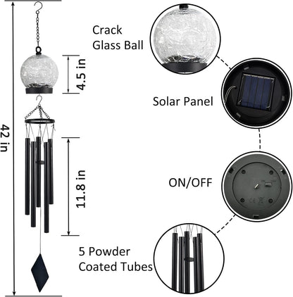 Wind Chimes Outdoor Solar Lights, 42 Inch Large Sympathy Chime 15 Blue LEDs Crackled Glass Ball Birthday Gifts for Women Decorative Hanging in Garden, Yard, Patio, Landscape