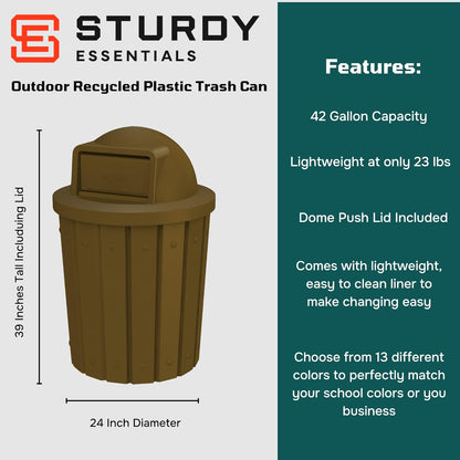 42 Gallon Slated Circle 100% Recycled Plastic Heavy Duty Outdoor Trash Can with Push Open Dome Lid and Internal Liner - Great for Schools and Businesses - Brown