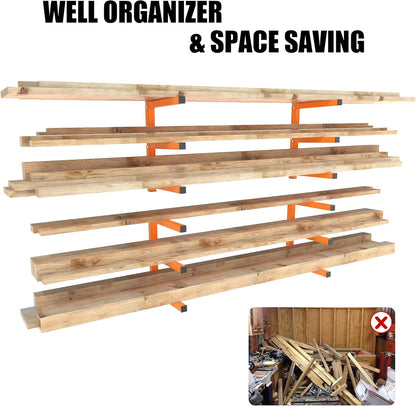 UNITEDPOWER Wall Mount Wood Organizer, Lumber Storage Rack, Heavy Duty Metal Shelf with 6-Level for Workshop or Garage, Indoor Or Outdoor Use-4 Hook