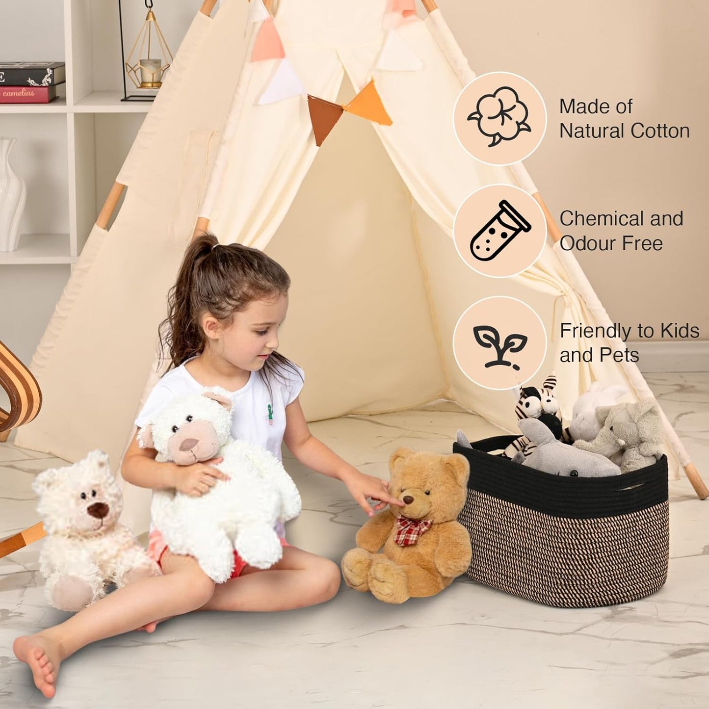 Woven Cotton Rope Storage Basket for Organizing, Cute Decorative Baskets for Gifts Empty, Organizer Bins for Dog Toy, Baby Laundry, 15“×11”×9.5“, Jute & Black