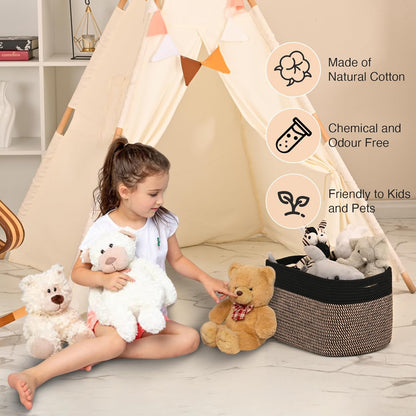 Woven Cotton Rope Storage Basket for Organizing, Cute Decorative Baskets for Gifts Empty, Organizer Bins for Dog Toy, Baby Laundry, 15“×11”×9.5“, Jute & Black