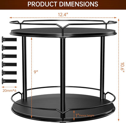 Lazy Susan Organizer 2 Tier - 12.4" Turntable Spice Rack for Table Top, Wooden Rotating Lazy Susan for Cabinet Pantry Kitchen Countertop Dining Table Cupboard Bathroom Vanity Storage(Black)