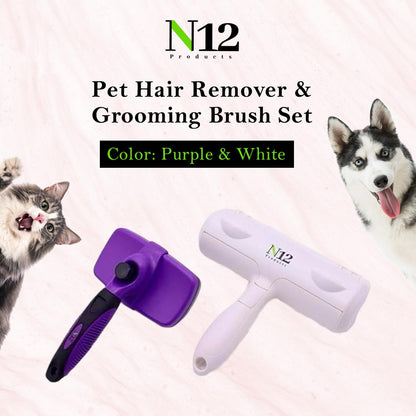 N12 Cat, Dog Hair Remover/Lint Roller and Grooming Hair Bush Combo – Pet Fur Remover for Couch, Furniture, Carpet, Car Seat & Self-Cleaning Slicker Grooming Brush with Long Pins for Shedding