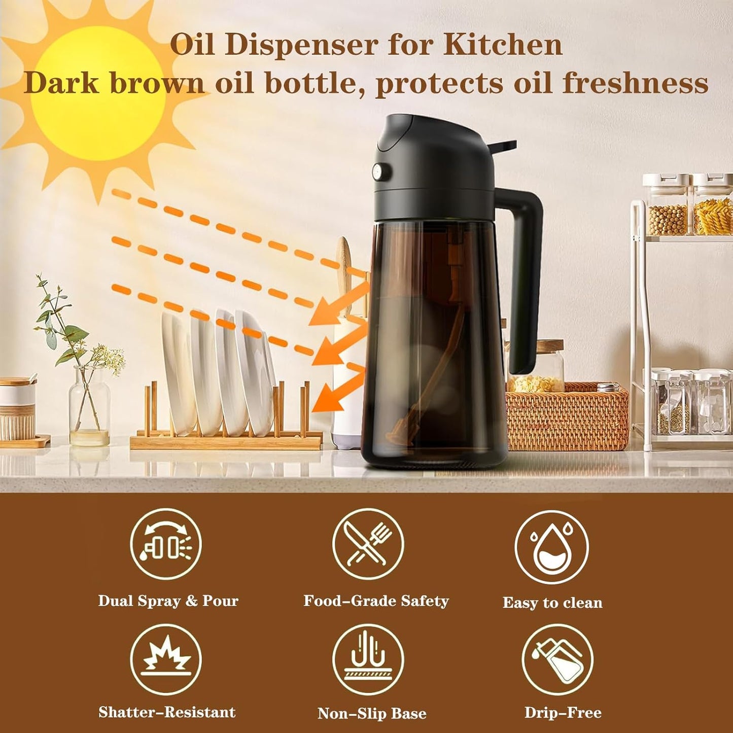 2-in-1 Glass Oil Dispenser & Sprayer - 16oz/470ml Leakproof Olive Oil Sprayer Bottle for Cooking, Air Fryer, BBQ, Baking, Salad (Black)