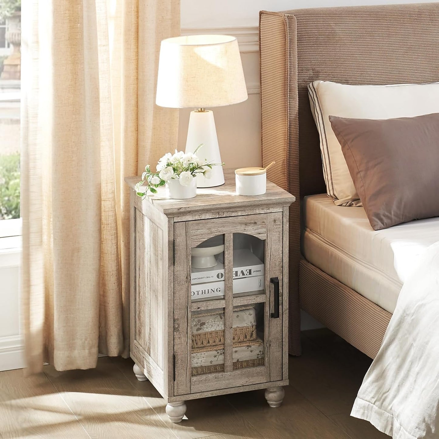 Narrow Side Table,Farmhouse Nightstand with Charging Station,Wood End Table with Glass Barn Door Storage, Cabinet Organizer with Adjustable Shelf, Night Stand for Small Spaces for Living Room Bedroom