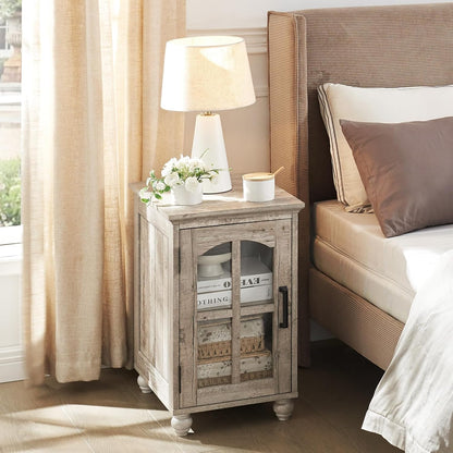 Narrow Side Table,Farmhouse Nightstand with Charging Station,Wood End Table with Glass Barn Door Storage, Cabinet Organizer with Adjustable Shelf, Night Stand for Small Spaces for Living Room Bedroom