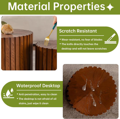 Round Nesting Coffee Table, Drum Wood Coffee Table Set of 2 Brown, Modern Fluted Nesting Tables Circle Center Table 2 Piece for Small Spaces Living Room Bedroom Balcony Office, No Assembling