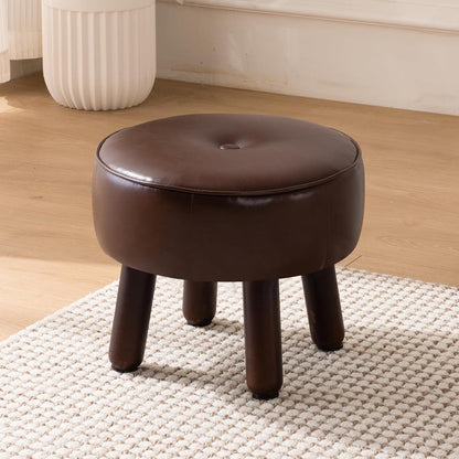 Small Foot Stool Ottoman, Round Pouf Foot Rest, Footstool Ottomans with Rubber Legs Under Desk, Faux Leather Footrest for Couch, Living Room, Bedroom, Office, 13''L x 13''W x 10.2''H, Coffee