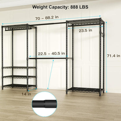 Ulif E1 Heavy Duty Closet Garment Rack, 6 Tiers Adjustable Metal Freestanding Expandable Clothing Storage with 4 Hanger Rods, Easy to Assemble Wardrobe, 71.4" H x (70" - 88.2") L x 14" D, Black