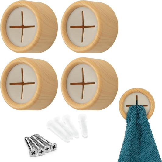 S&T INC. Round Adhesive Push Towel Hooks for Kitchen, Hand and Dish Towels, Plastic, Bamboo, 4 Pack