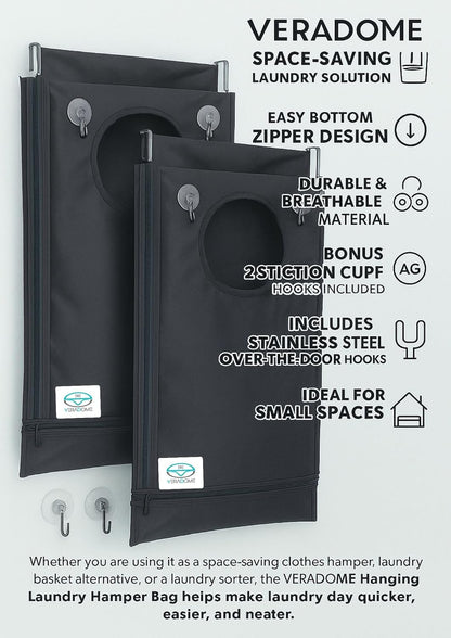 Hanging Laundry Hamper Bag – Space-Saving Dirty Clothes Storage with Free Adjustable Stainless Steel Over-the-Door Hooks & 2 Suction Cup Hooks – Ideal for bathrooms, bedrooms & dorms
