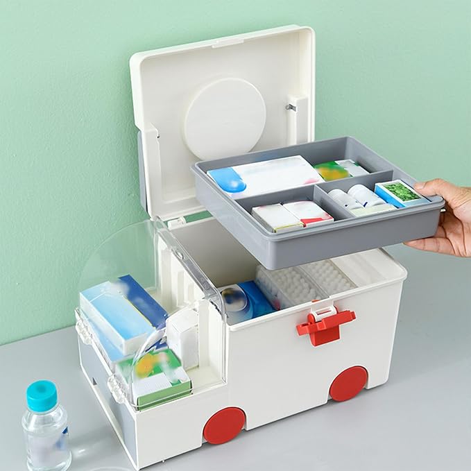 Storage Box, Portable Ambulance Shaped Emergency Aid Kit Organizer with Handle for Home, Travel and Medical Supplies Storage