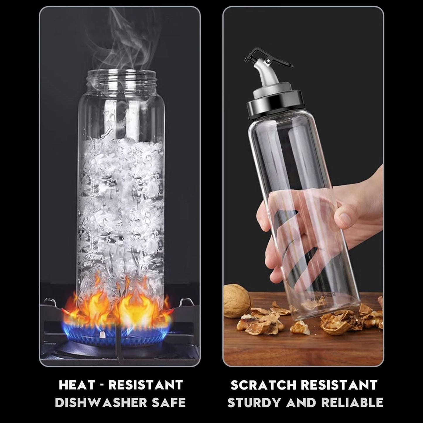 Glass Olive Oil Dispenser Bottle with Leakproof Pourer Spout and Shatterproof Rubber Bottom, Cooking Oil Dispenser Bottle for Kitchen 17 oz Heat Resistant Olive Oil Bottle