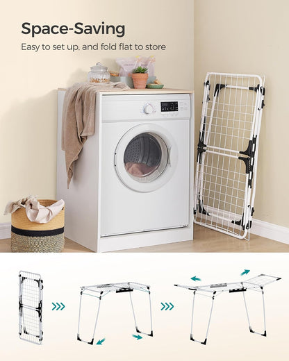 SONGMICS Clothes Drying Rack Foldable, Gullwing Laundry Drying Rack, Space-Saving, 22.2 x 68.1 x 38 Inches, Sock Clips, Metal Structure, for Clothes, Towels, Linens, Indoor, Outdoor White ULLR518W01