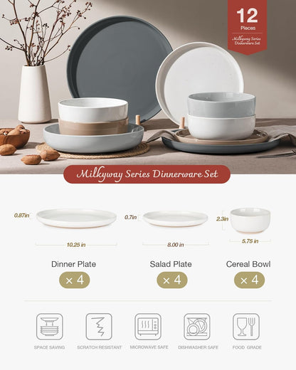 Famiware Milkyway Plates and Bowls Set, 12 Pieces Dinnerware Sets, Dishes Set for 4, Multi-color
