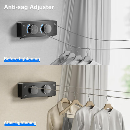 Retractable Twin Clothesline Indoor, Non-Sagging Outdoor Clothes Line Retracting Heavy Duty Clothes Drying Laundry Line Wall Mounted Stainless Steel Line-13.8Feets(Double Line-Black)