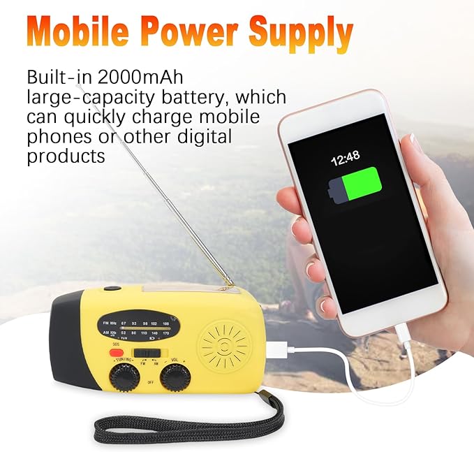 2000mAh Wind Up Radio, Portable Solar Emergency Radio with SOS Alarm, AM FM Weather and Torch, for Power Outage Camping Hiking (Yellow)