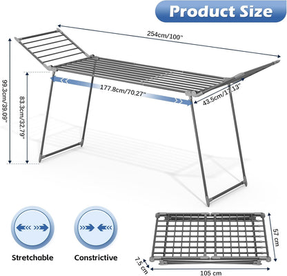 APEXCHASER Clothes Drying Rack Foldable, Large Drying Rack Clothing Retractable, Metal Clothes Airer for Bedding Towel Sweater Heavy Duty, Indoor Outdoor Use, 21.9"W x 100"L x 39"H, No Assembly, Grey