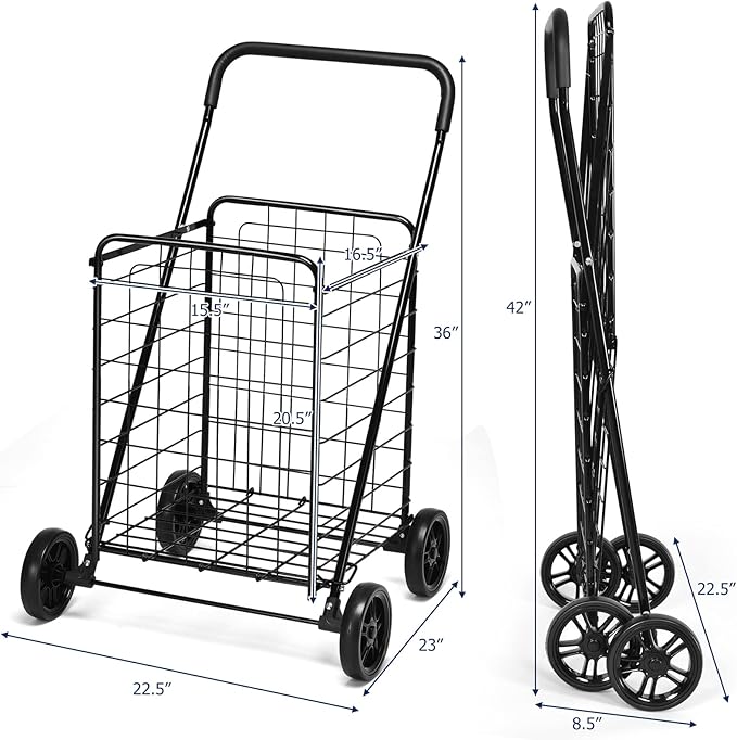 Goplus Shopping Carts for Groceries, Heavy Duty Folding Shopping Cart with Wheels, Portable Collapsible Grocery Cart, Light Weight Foldable Utility Cart for Laundry