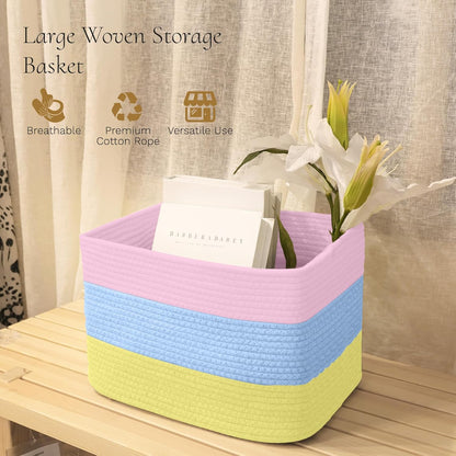 Hopegiver Woven Storage Baskets 15x11x10 Inch, 1 Pack Collapsible Cube Storage Bin for Shelves - Foldable Cotton Rope Organizer Bins for Towels, Toys, Books, Closet, Nursery (Pink Blue Yellow)