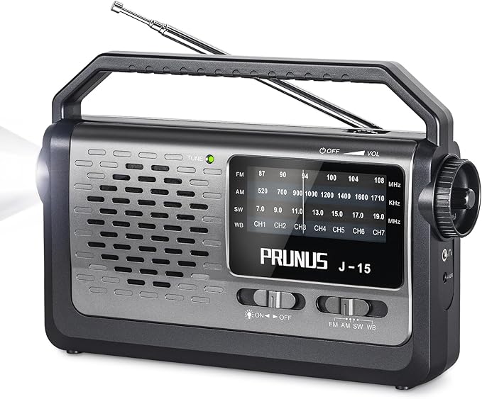 PRUNUS NOAA Weather AM FM Portable Radio,Battery Operated Radio by 3X D Cell Batteries or AC Power with Best Reception,Flashlight, Earphone Jack for Emergency Household&Outdoor,Plug in Wall by J15WB