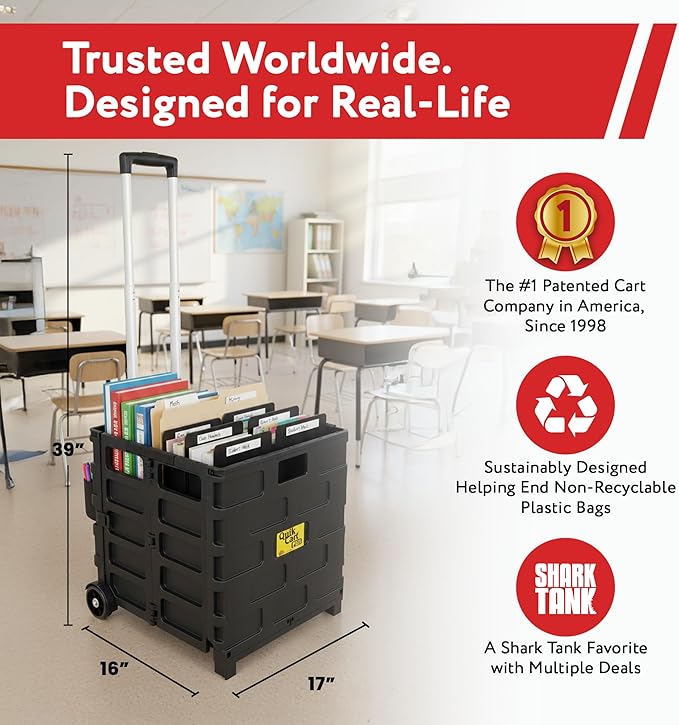 dbest products Quik Cart Pro Wheeled Rolling Crate Teacher Utility with seat Heavy Duty Collapsible Basket with Handle, Black