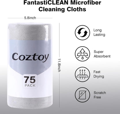 Microfiber Cloth Roll 75 Pack, 180GSM, Tear Away Microfiber Towels 12x12 Inch, Reusable Cleaning Rags for Car Detailing, Kitchen, Dishes, House Cleaning, Windows, Glass, Garage, Shop (Grey)