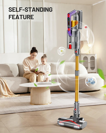 Cordless Vacuum Cleaner, 580W 48KPA 70Mins Vacuum Cleaners for Home, Self-Standing Stick Vacuum with Aromatherapy & LED Display Screen, Stick Vacuum Cordless Rechargeable for Pet Hair/Carpets (Gold)