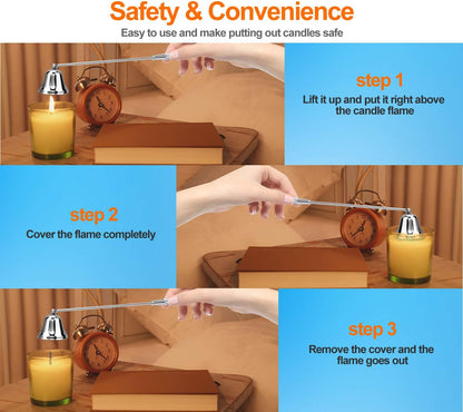 GOSGOONE Candle Snuffer, Elegant Candle Extinguisher with Long Handle, Hinged Candlesnuffers Wick Snuffer Candle Accessory for Putting Out Candle Flame Safely, Candle Stopper with Storage Bag (Silver)