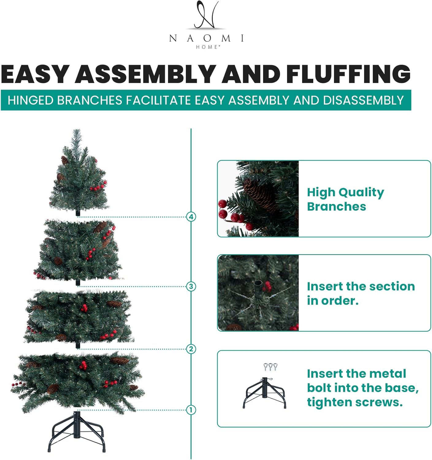 Naomi Home Belen 7.5ft Pencil Christmas Tree Prelit pre-Decorated with Pine Cones, Red Berries, 1099 Branch Tips, 350 Warm Lights and Metal Stand, 34" Wide Skinny Christmas Tree with Lights