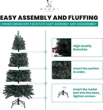 Naomi Home Belen 7.5ft Pencil Christmas Tree Prelit pre-Decorated with Pine Cones, Red Berries, 1099 Branch Tips, 350 Warm Lights and Metal Stand, 34" Wide Skinny Christmas Tree with Lights