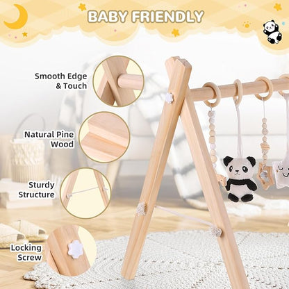 Wooden Play Gym with Mat, Foldable Baby Activity Gyms for Infants Newborn Baby Girl and Boy, Tummy Time Baby Infant Toys 0-6 6-12 Months (Rabbit)