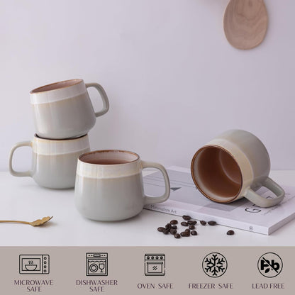 Ceramic Coffee Mugs Set of 4, 12 oz Stoneware Coffee Cups with Comfortable Handle for Latte, Tea, Cappuccino, Cocoa -Microwave and Dishwasher Safe - Modern Unique Aesthetic - Reactive Glaze