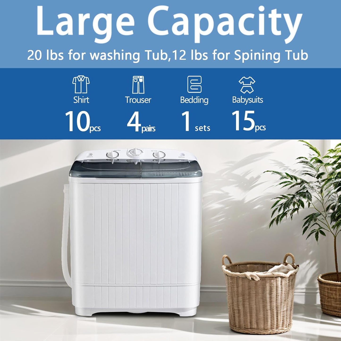 Portable Mini Twin Tub 32lbs Washing Machine With Drying Rack& 10 Hangers, 20lbs Washer & 12lbs Spinner, Small Laundry Washer with Time Control for Camping, Apartments, RV (32lbs)