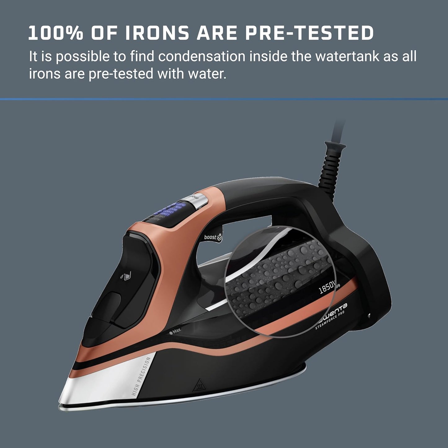 Rowenta Iron Steam Force Pro Steam Iron for Clothes, 1850 Watts, 5 Presets Smart Screen, Stainless Steel Soleplate, High-Efficiency Handheld Ironing, Black Copper, DW9580
