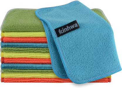 KinHwa Kitchen Washcloths for Dishes Absorbent Microfiber Dish Cloths Quick Dry Dish Rags with Poly Scour Scrub Side Ideal for Kitchen Cleaning (Mixing Colors #1, 7inch 12 Pack no net)